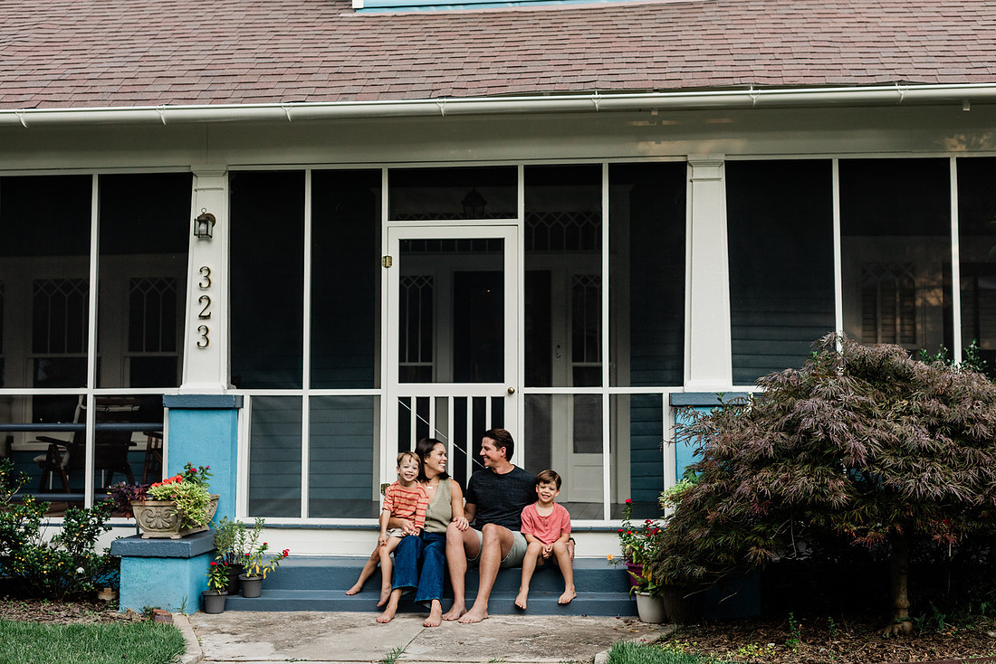 Golden hour family photos on west-facing porch with warm, flattering light for porch photography.