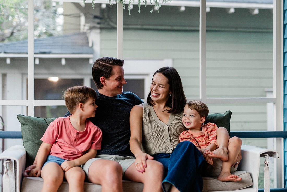 Golden hour family photos on west-facing porch with warm, flattering light for porch photography.