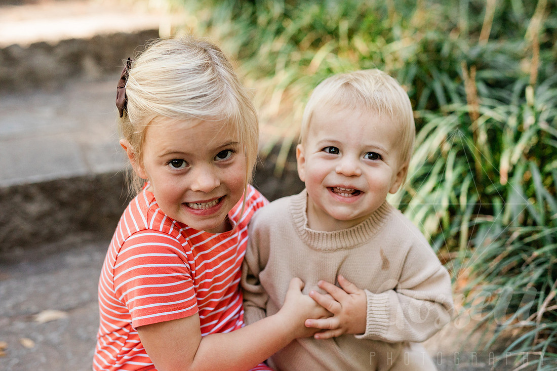 Family exploring a forest trail during a mini session, capturing playful, candid moments.
