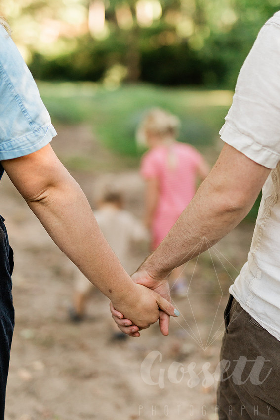 Family exploring a forest trail during a mini session, capturing playful, candid moments.